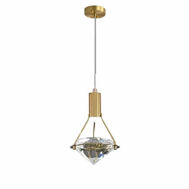 Diamond-shaped crystal chandelier with thin cord and round gold mount for a modern LED look.