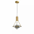 Diamond-shaped crystal chandelier with thin cord and round gold mount for a modern LED look.