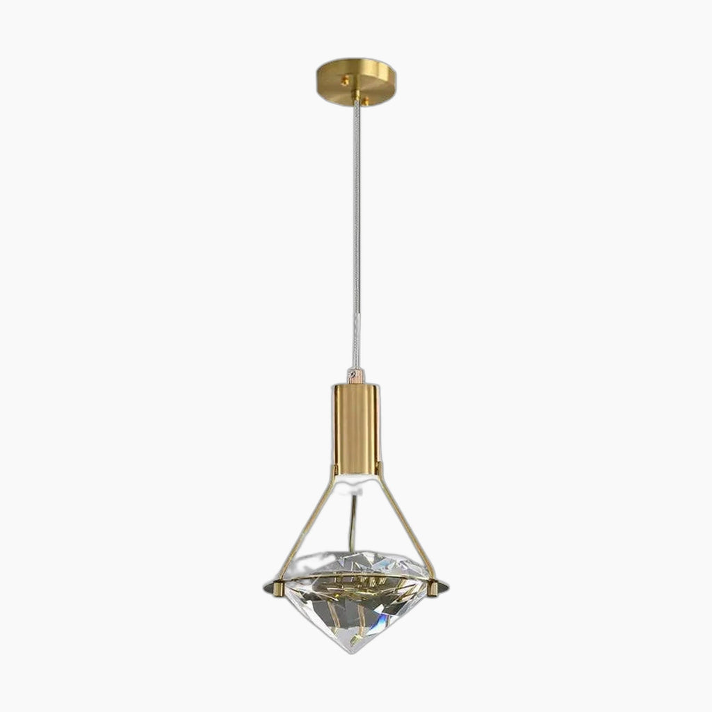 Modern Nordic chandelier with gold fixture, diamond-cut crystal shade, thin cord, circular ceiling mount.