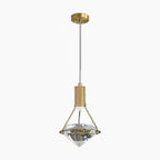 Modern Nordic chandelier with gold fixture, diamond-cut crystal shade, thin cord, circular ceiling mount.