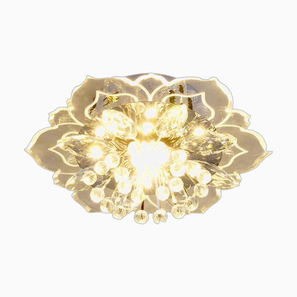 Maison Ornate Crystal Ball Chandelier features flower-shaped crystal petals and bright bulbs, adding elegance.
