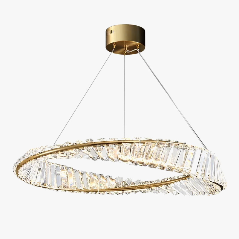 Gold-base chandelier with circular ring, clear crystal accents, and warm glow; hangs from three wires.