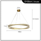 Gold circular crystal industrial chandelier, 100cm wide, 7.5cm thick, adjustable up to 150cm, energy-efficient at 50W.