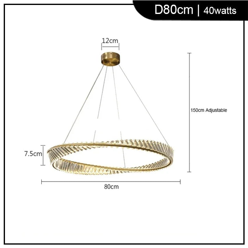 Maison Ornate gold crystal chandelier with twisted circle design, four-wire suspension, 80cm diameter, adjustable height.