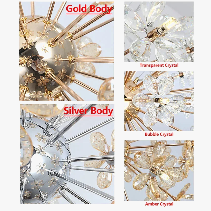 Luxury Industrial Crystal Dandelion LED chandelier, gold and silver body, features transparent, bubble, amber crystals.