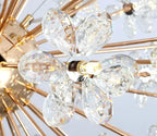 Crystal Dandelion Round LED chandelier with gold rods and clear crystal petals in starburst design.
