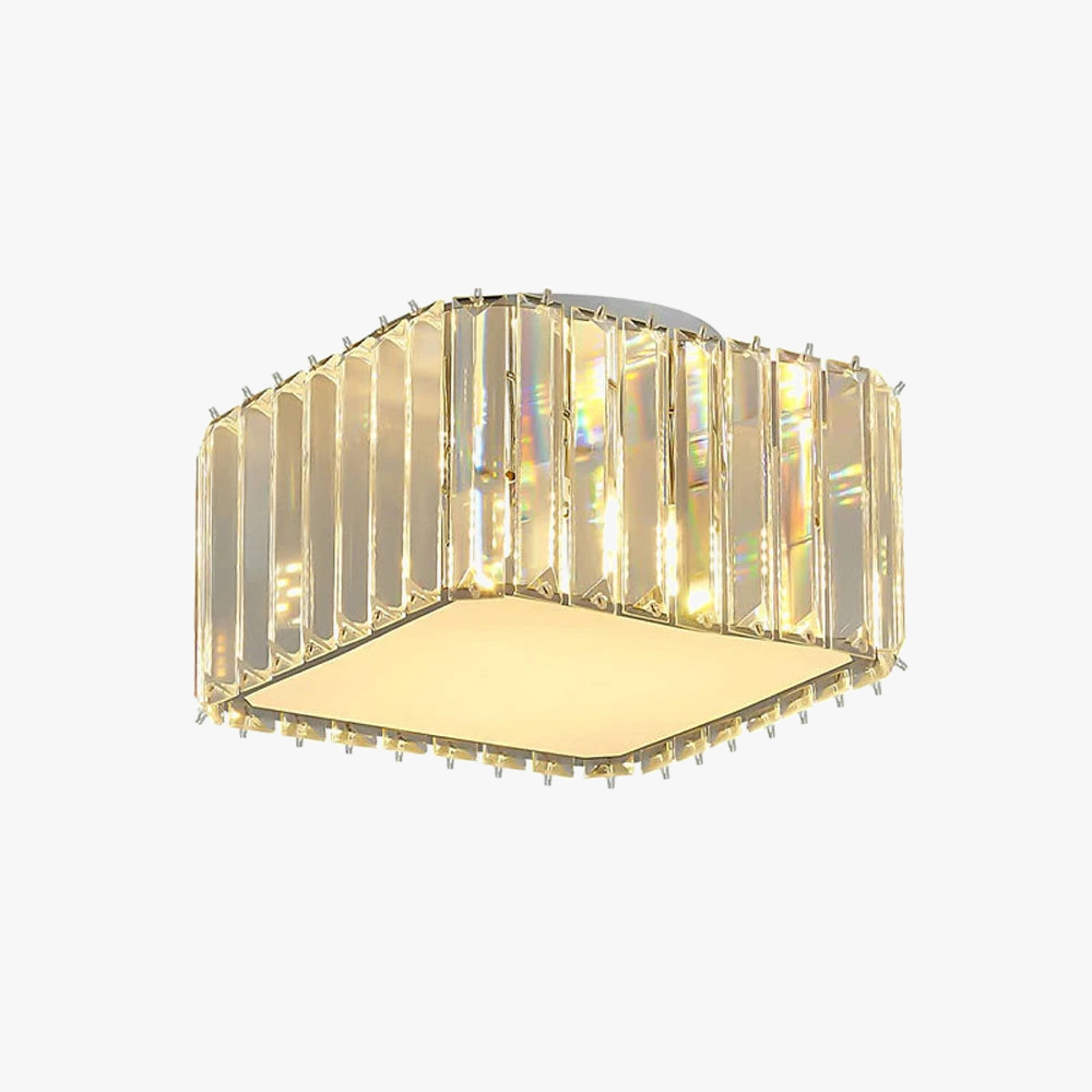 Hexagonal chandelier with vertical crystal panels, frosted diffuser, and warm LED glow. Contemporary elegance.