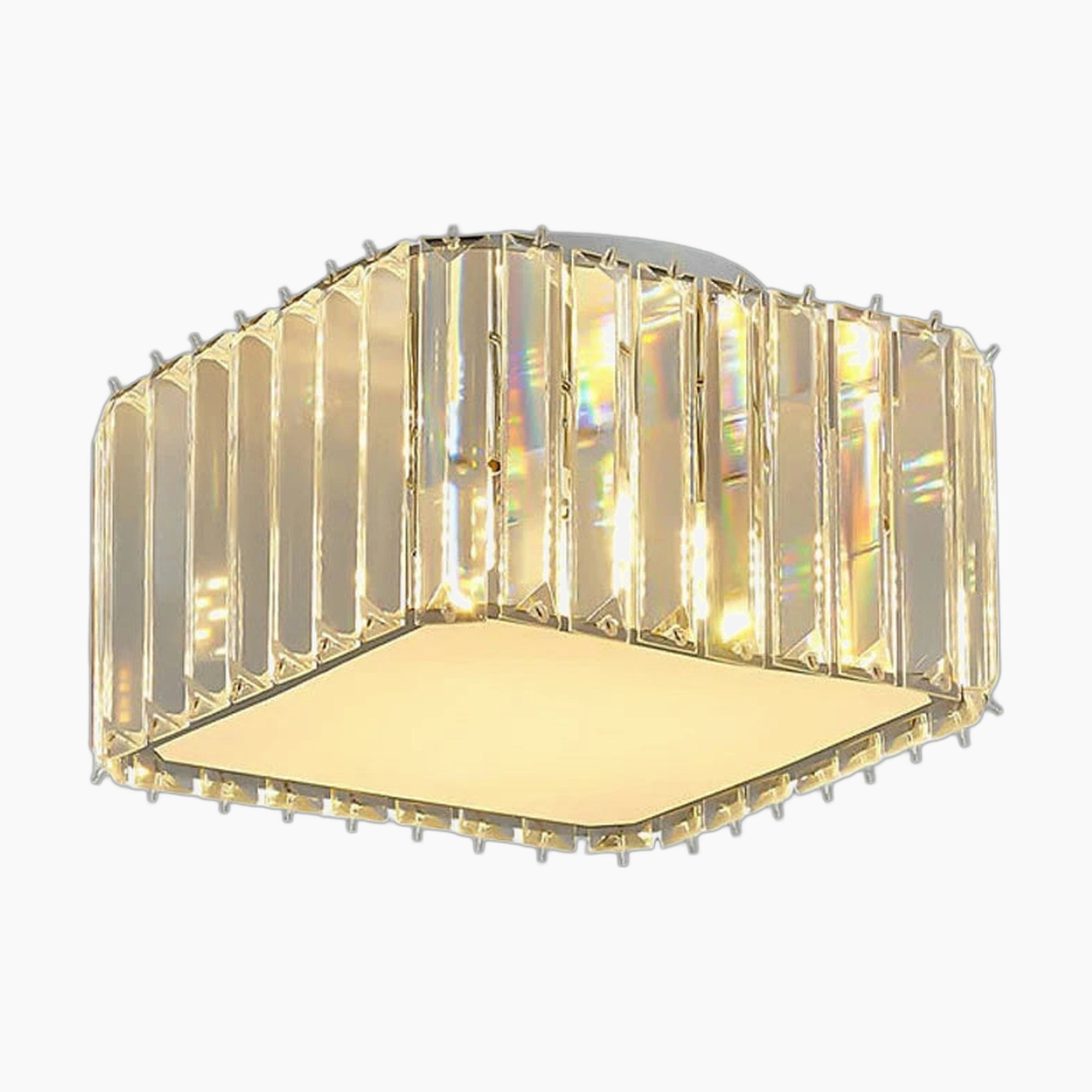 Maison Ornate Modern Crystal Chandelier with geometric prism glass, LED lighting, warm square base.