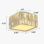 Square crystal chandelier with gold trim, vertical panels, built-in LEDs; elegant modern ceiling fixture.