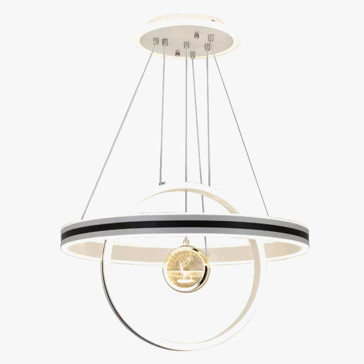 Modern circular chandelier with black and white rings, adjustable wires, and central illuminated globe.