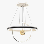 Modern circular chandelier with black and white rings, adjustable wires, and central illuminated globe.