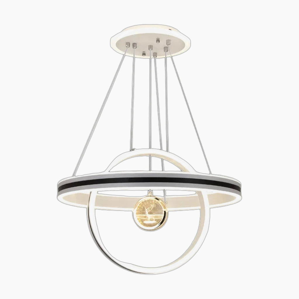 Modern circular crystal chandelier with LED ring, golden center, and intricate inner metal details.