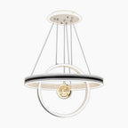 Modern circular crystal chandelier with LED ring, golden center, and intricate inner metal details.