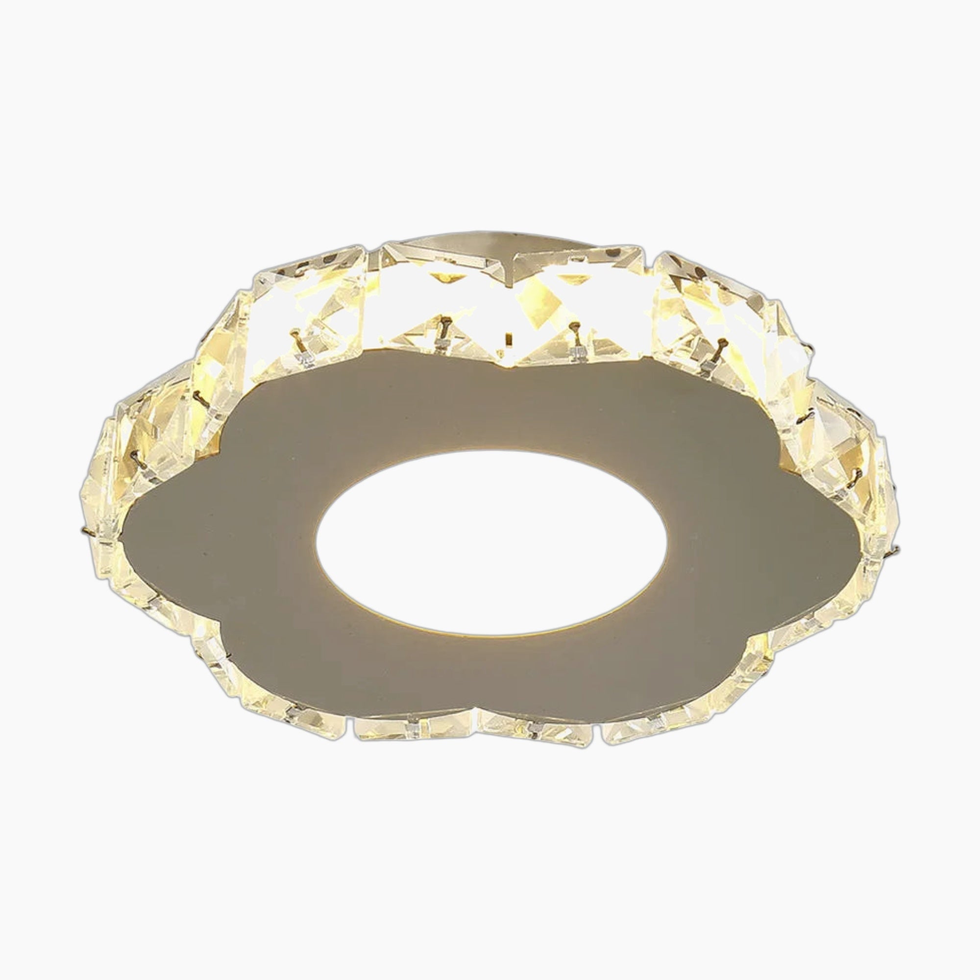Round metallic chandelier with faceted crystal edge, emitting a warm yellowish LED glow.
