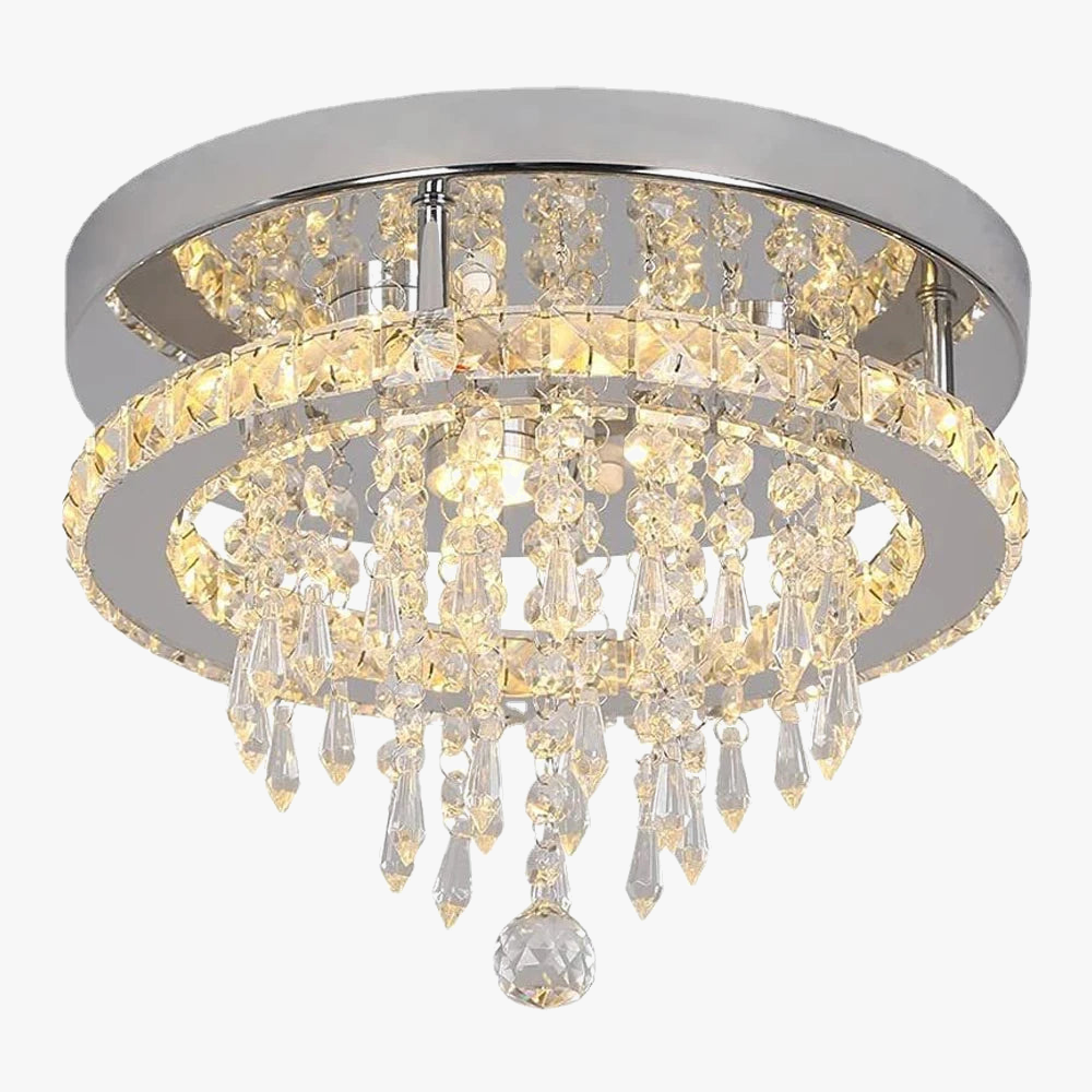 Contemporary crystal LED chandelier with chrome base, double circular tiers, and warm white lighting.
