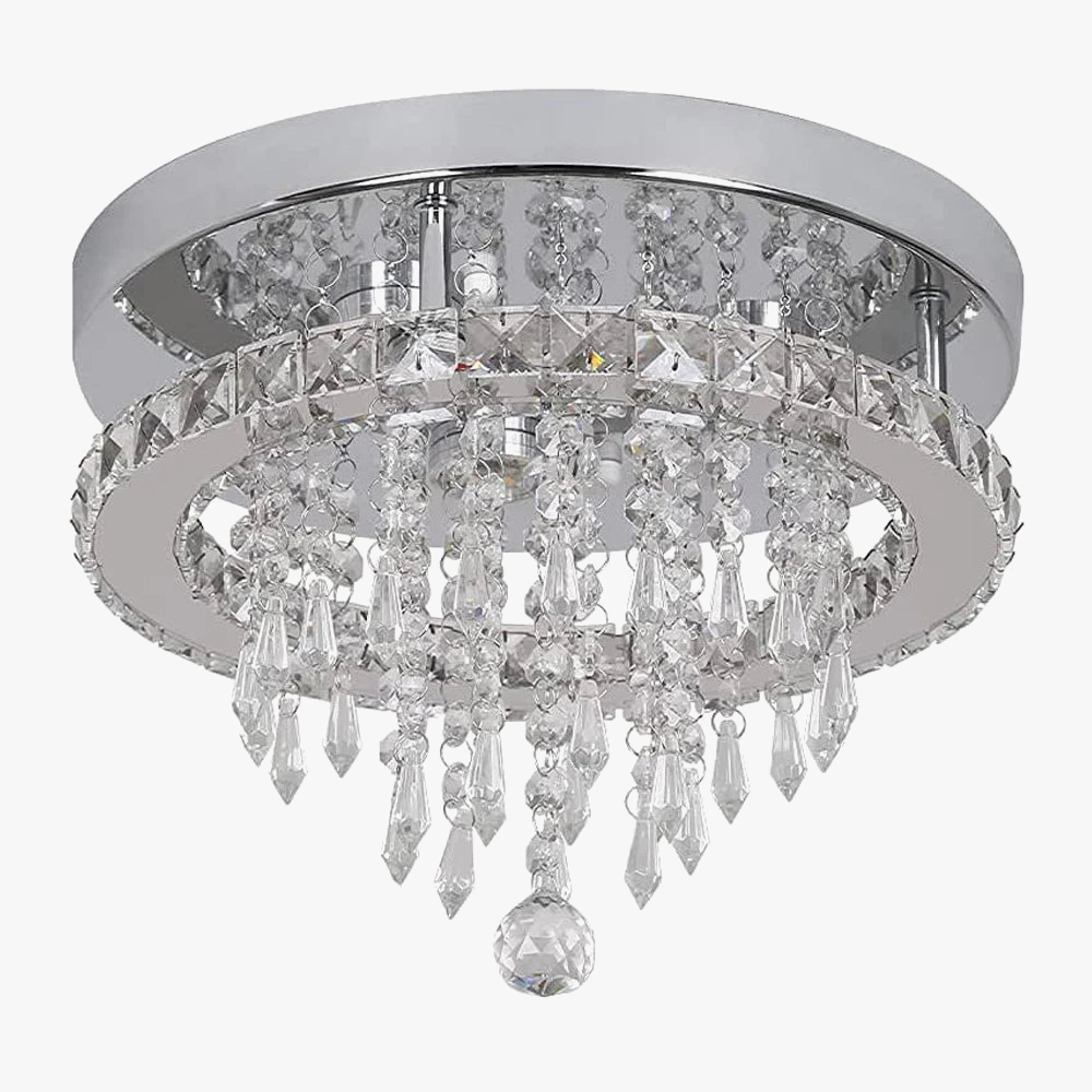 Modern crystal LED chandelier with silver round base, two crystal tiers, and central pendant.