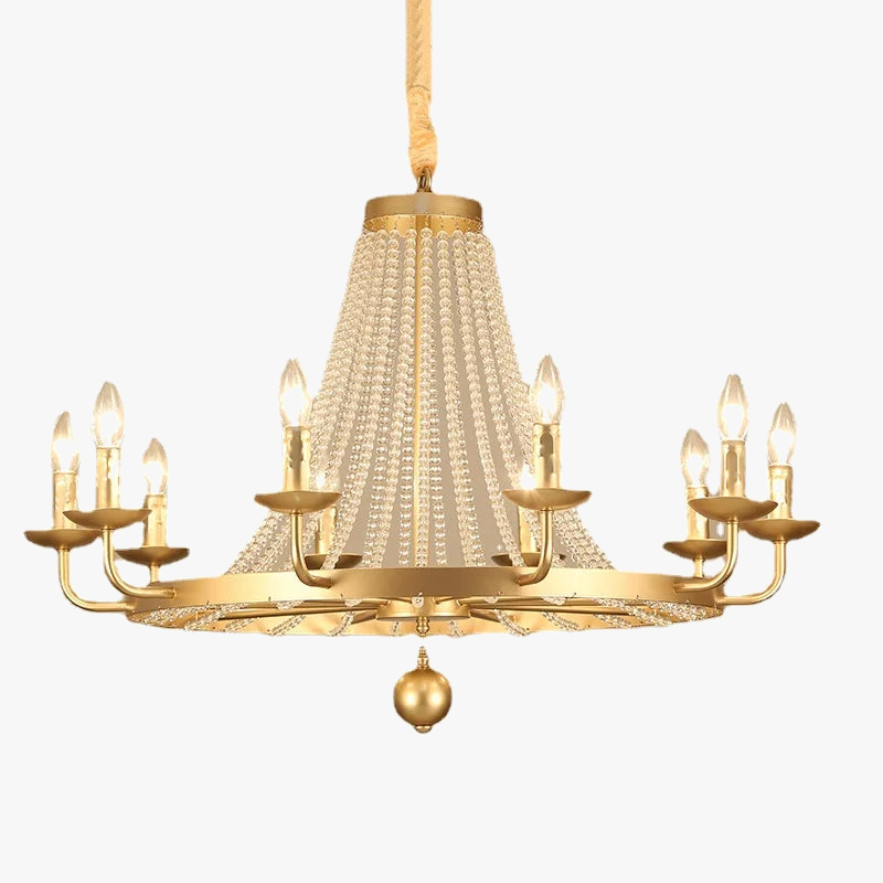Ornate crystal chandelier with gold details, tassels, eight candle bulbs, and circular crystal accents.