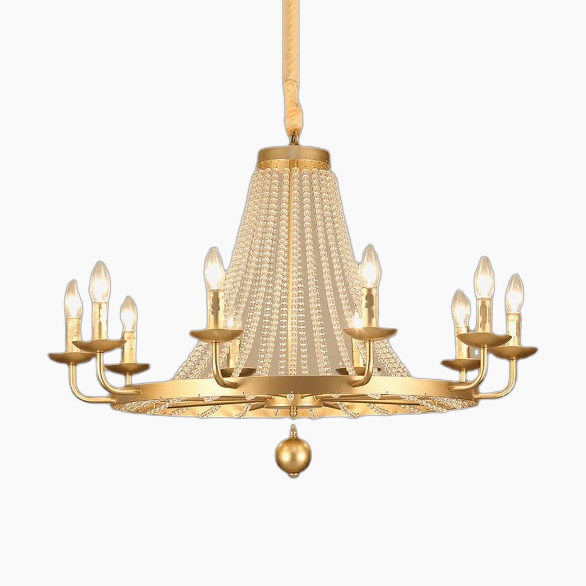 Elegant crystal chandelier with gold accents, beaded curtains, tassels, and eight candle-style bulbs.