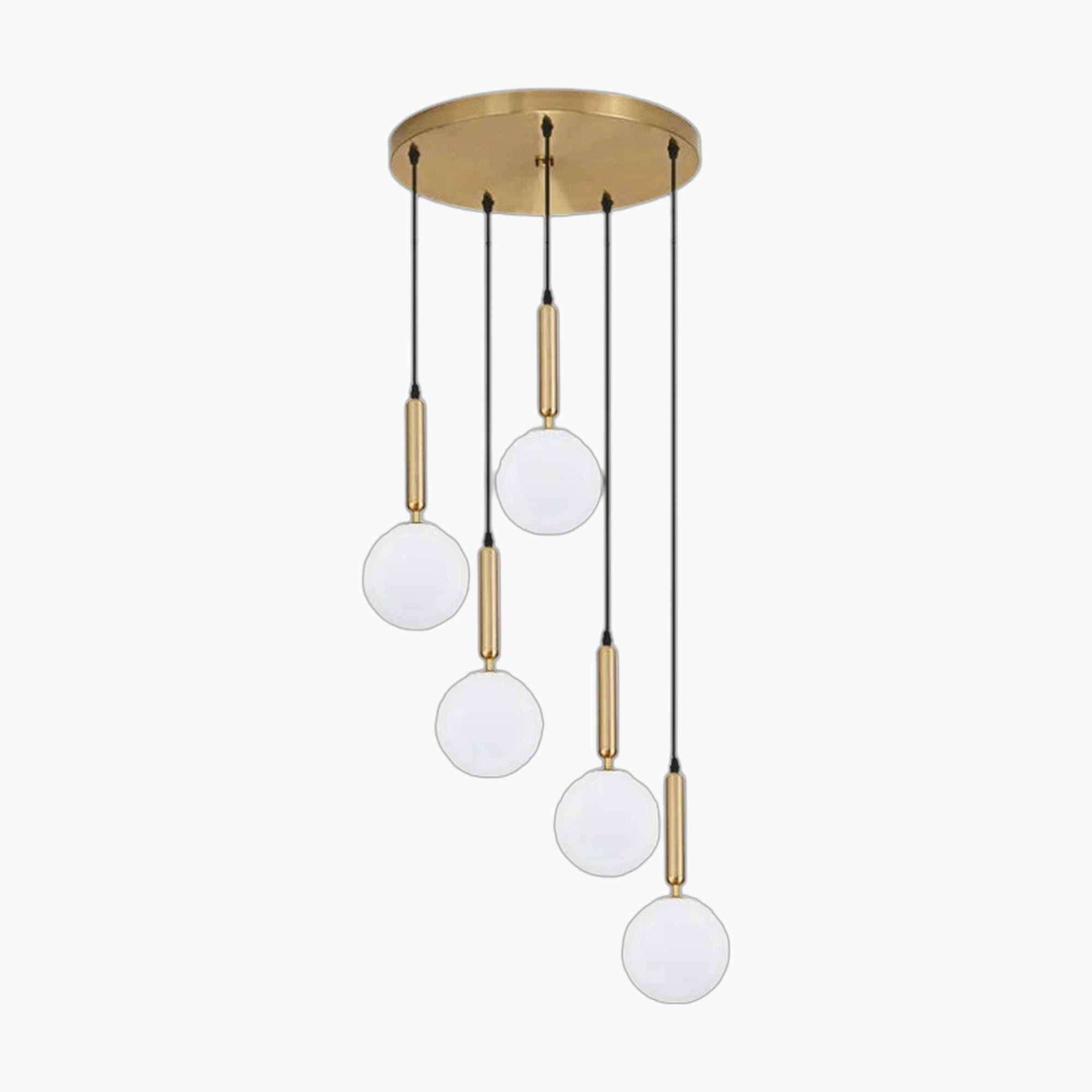 Modern Art Deco chandelier with five gold-accented pendants, frosted bulbs, iron and glass design.