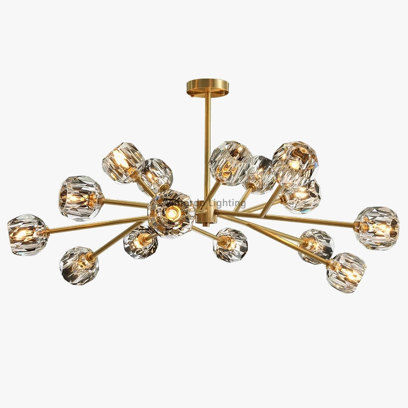 Gold-armed postmodern crystal chandelier with faceted glass globes and LED lighting in starburst design.