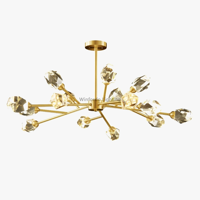 Postmodern crystal chandelier with LED-lit branching arms and faceted glass globes on a central rod.