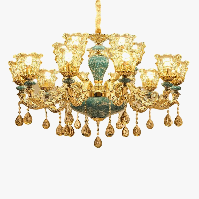 Luxurious baroque chandelier with ornate gold details, green-blue accents, teardrop crystals, candle bulbs.