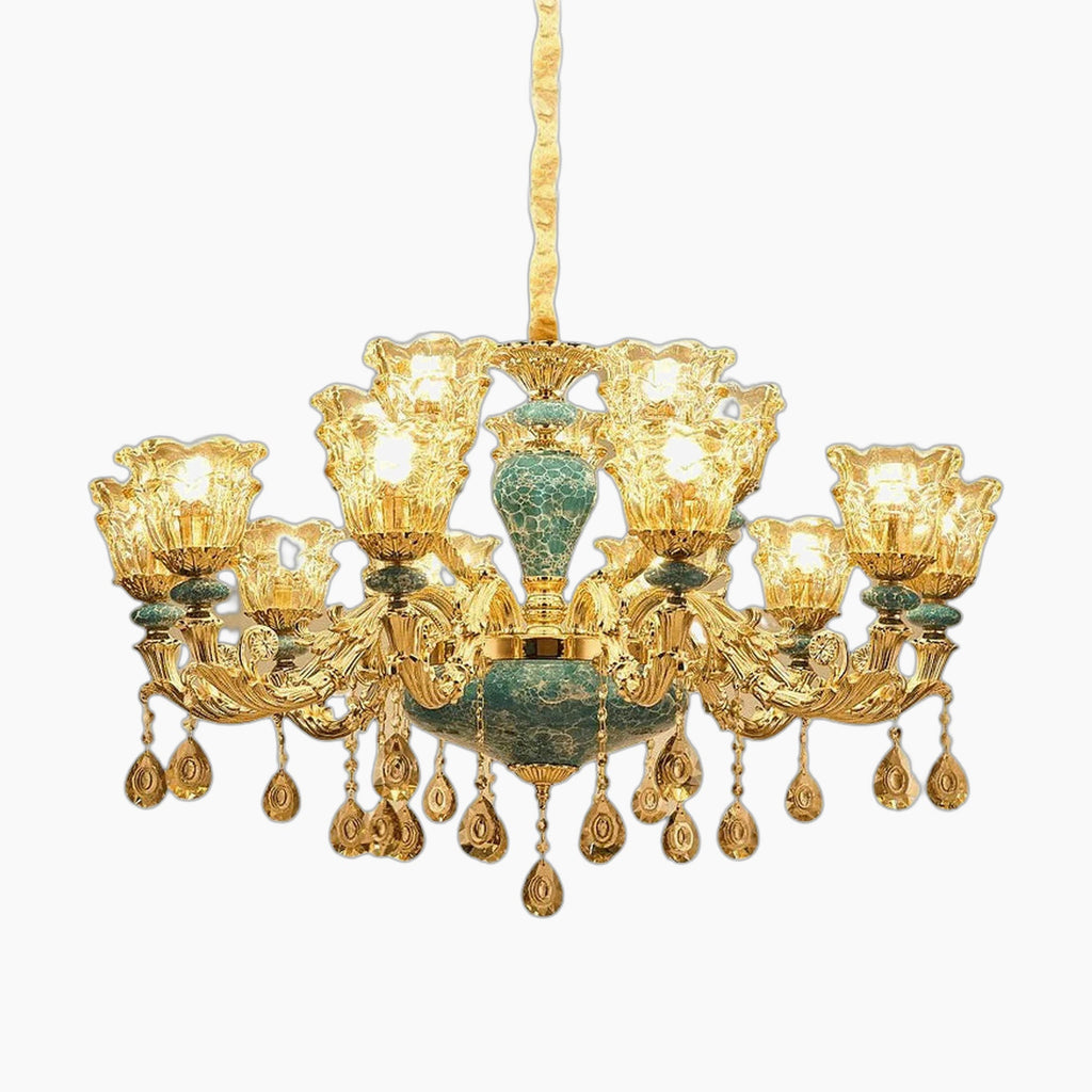 Gold and green baroque chandelier with ornate arms, crystal droplets, glass lampshades, LED compatible.