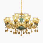 Gold and green baroque chandelier with ornate arms, crystal droplets, glass lampshades, LED compatible.