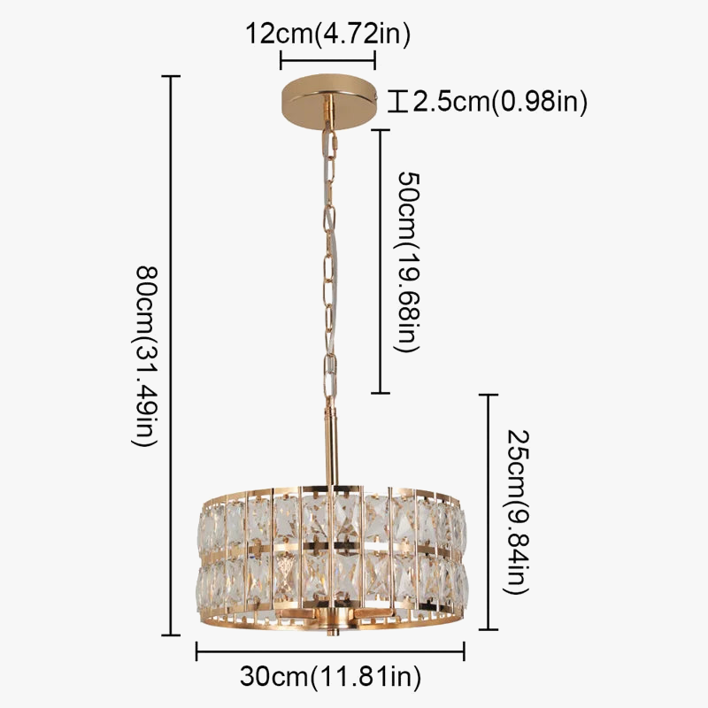 Gold LED-compatible crystal chandelier with ornate glass accents, 80cm height, and 50cm chain.