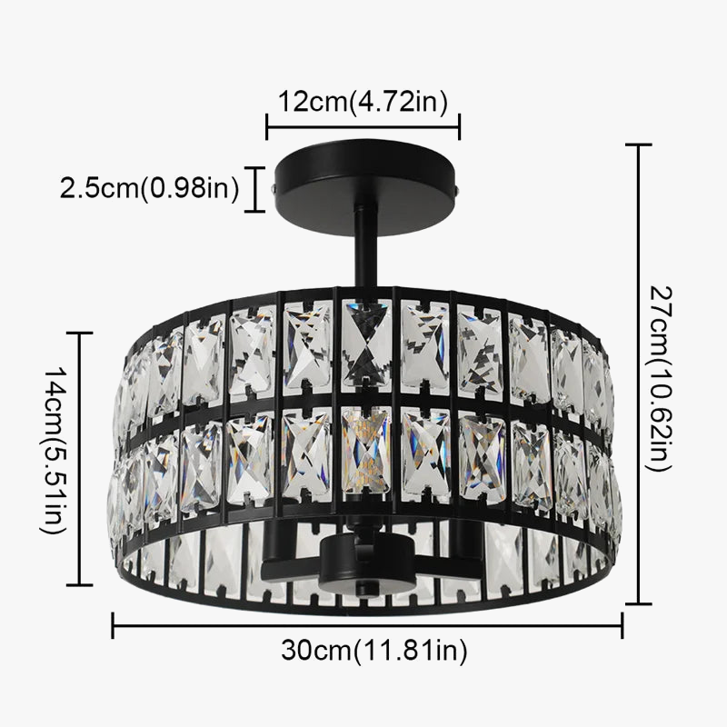 Elegant black Maison Ornate crystal chandelier, LED compatible, 30cm wide, 27cm tall, 12cm base diameter.