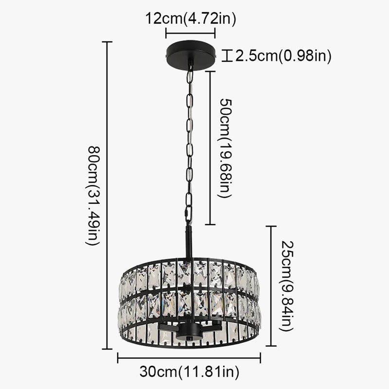 Round crystal chandelier with 30cm shade, 50cm chain, LED compatible, total length 80cm.
