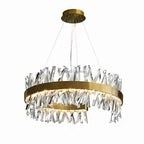 Gold-finished circular chandelier with crystals, wire suspension, and embedded lights for elegant illumination.