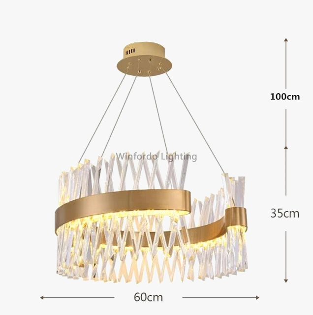 Modern gold spiral chandelier with angled crystals, four-wire suspension, warm white light, 60cm wide.