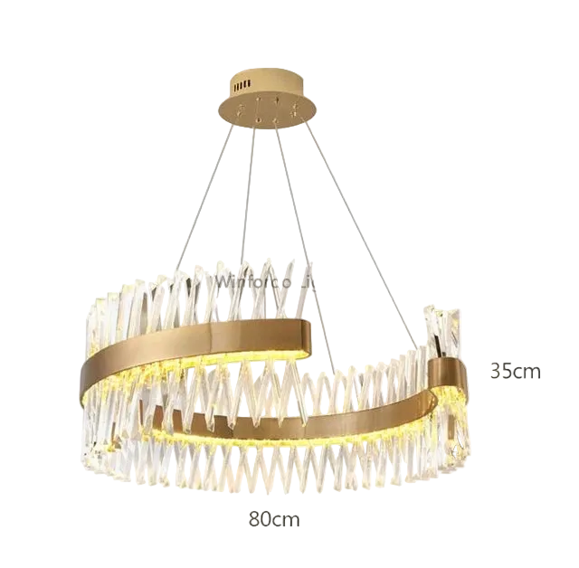 Modern gold crystal chandelier with spiral design, four-wire suspension, 80cm by 35cm dimensions.