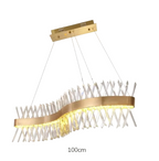 Modern gold chandelier with wavy rectangle frame, vertical crystal rods, LED lighting, 100 cm.