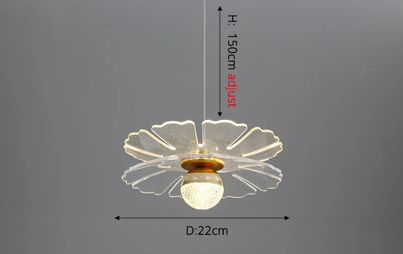 Nordic minimalist chandelier with flower-shaped mesh metal shade, crystal ball bulb, 150cm adjustable length.