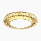 Modern chandelier with two crystal-accented concentric rings and warm LED glow, elegantly designed.