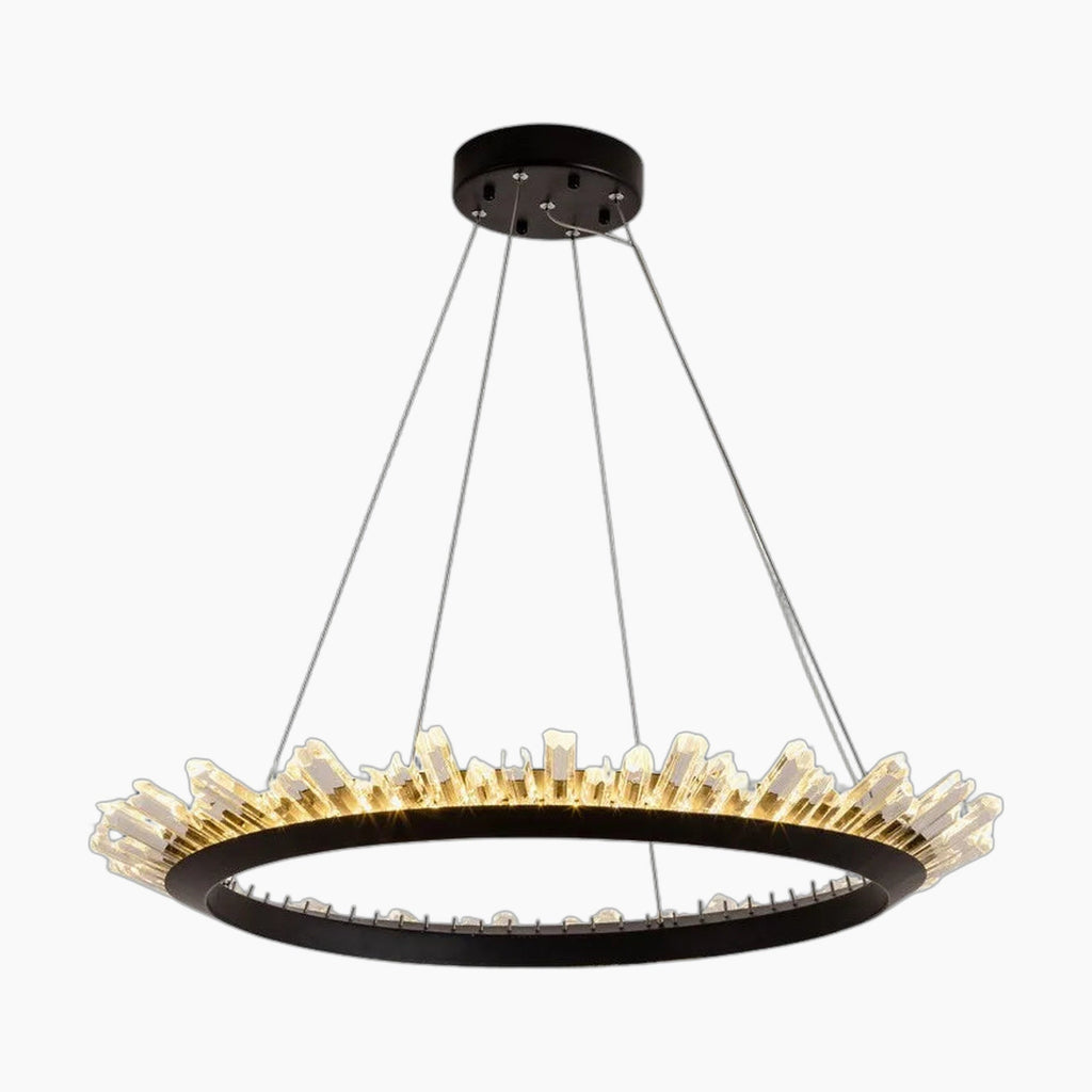 Post-modern black frame chandelier with four cables and crystal accents for a warm glow.