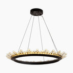 Post-modern black frame chandelier with four cables and crystal accents for a warm glow.