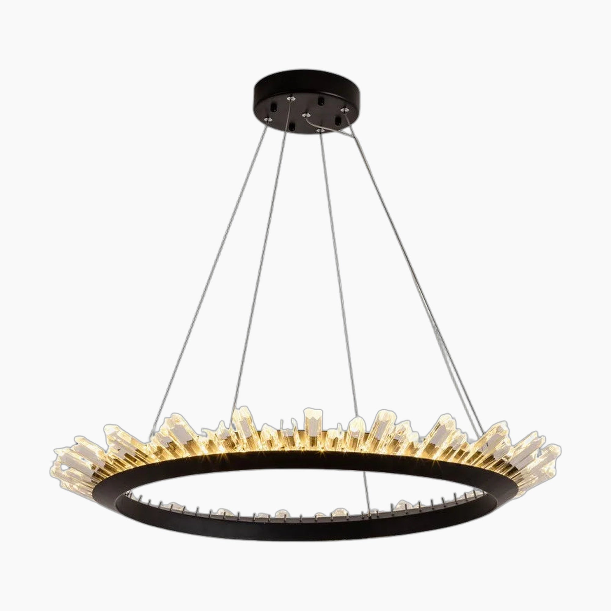 Post-modern black frame chandelier with four cables and crystal accents for a warm glow.