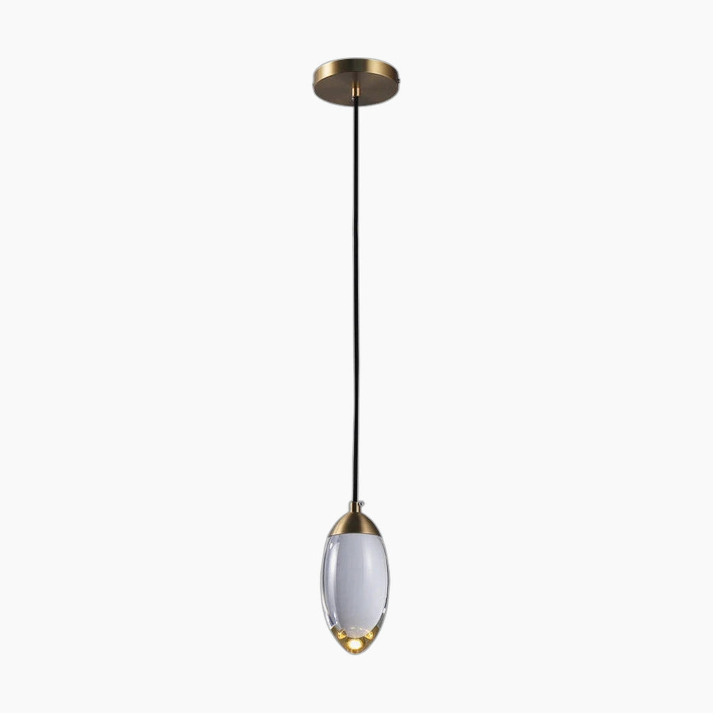 Copper and gold chandelier with teardrop crystal shade, black cord, and modern elegant design.