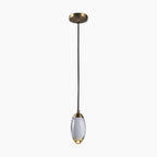 Copper and gold chandelier with teardrop crystal shade, black cord, and modern elegant design.