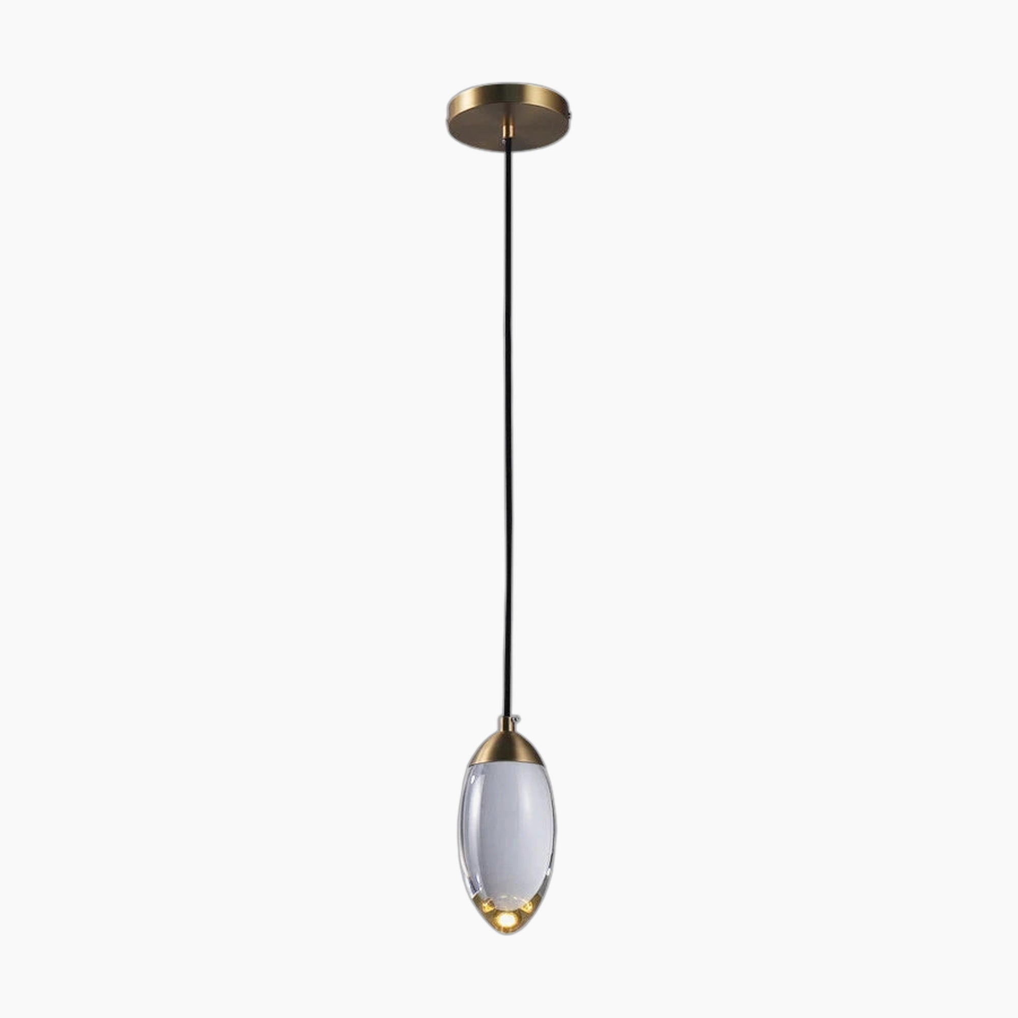 Copper and gold chandelier with teardrop crystal shade, black cord, and modern elegant design.