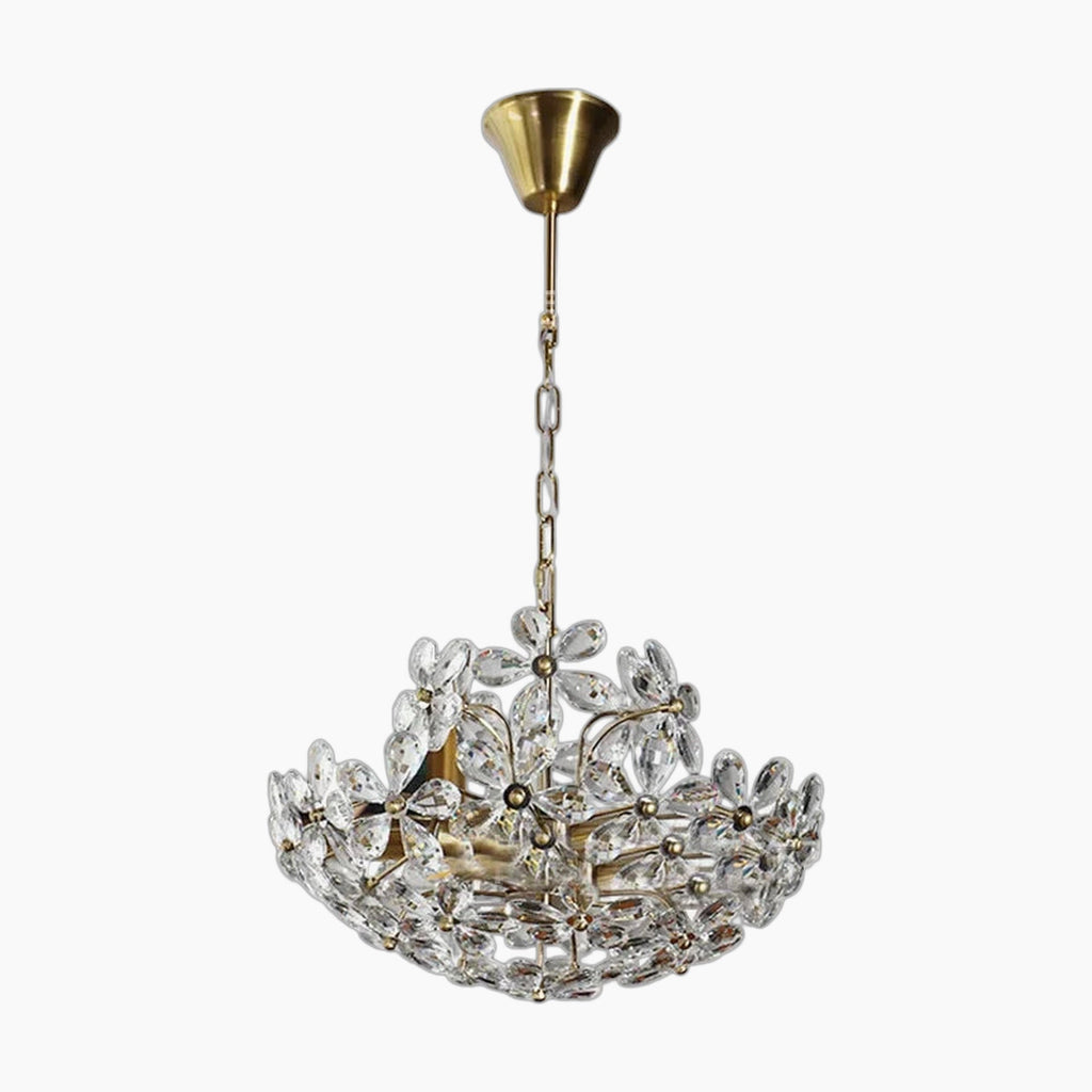 Gold-chain French crystal glass flower chandelier with bowl frame and clear ornate accents.