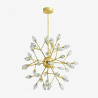Maison Ornate Modern Chandelier with gold finish, floral bulbs, radiating arms, and clear crystal tips.