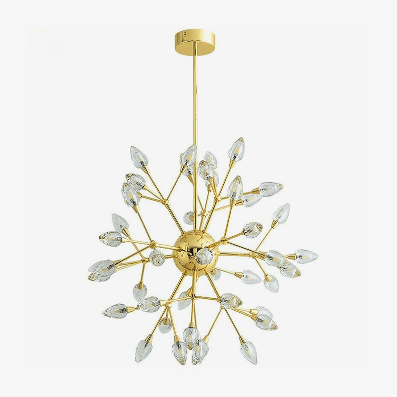 Maison Ornate Modern Chandelier with gold finish, floral bulbs, radiating arms, and clear crystal tips.