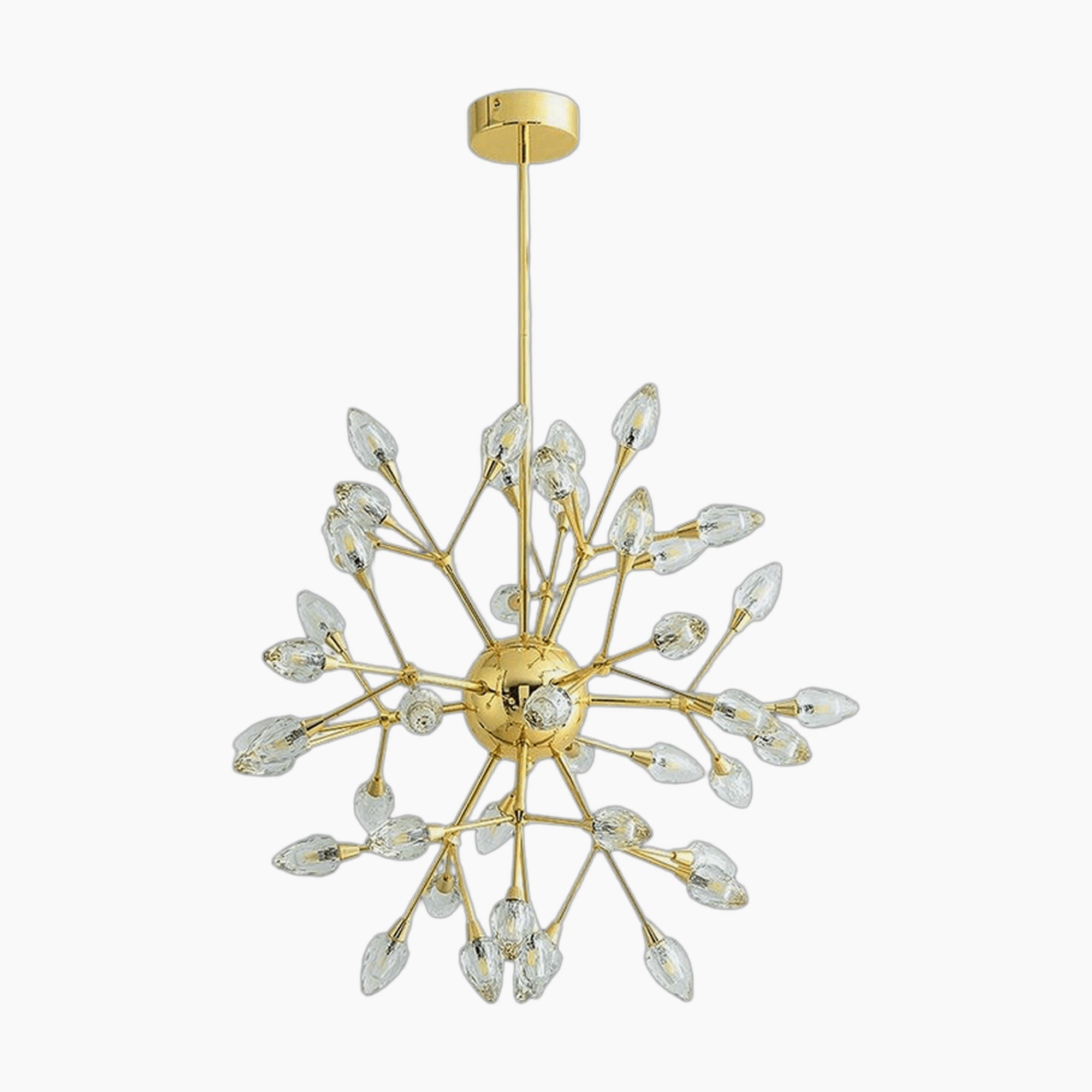 Modern gold chandelier with floral crystal bulbs and starburst branching arms, suspended from matching mount.