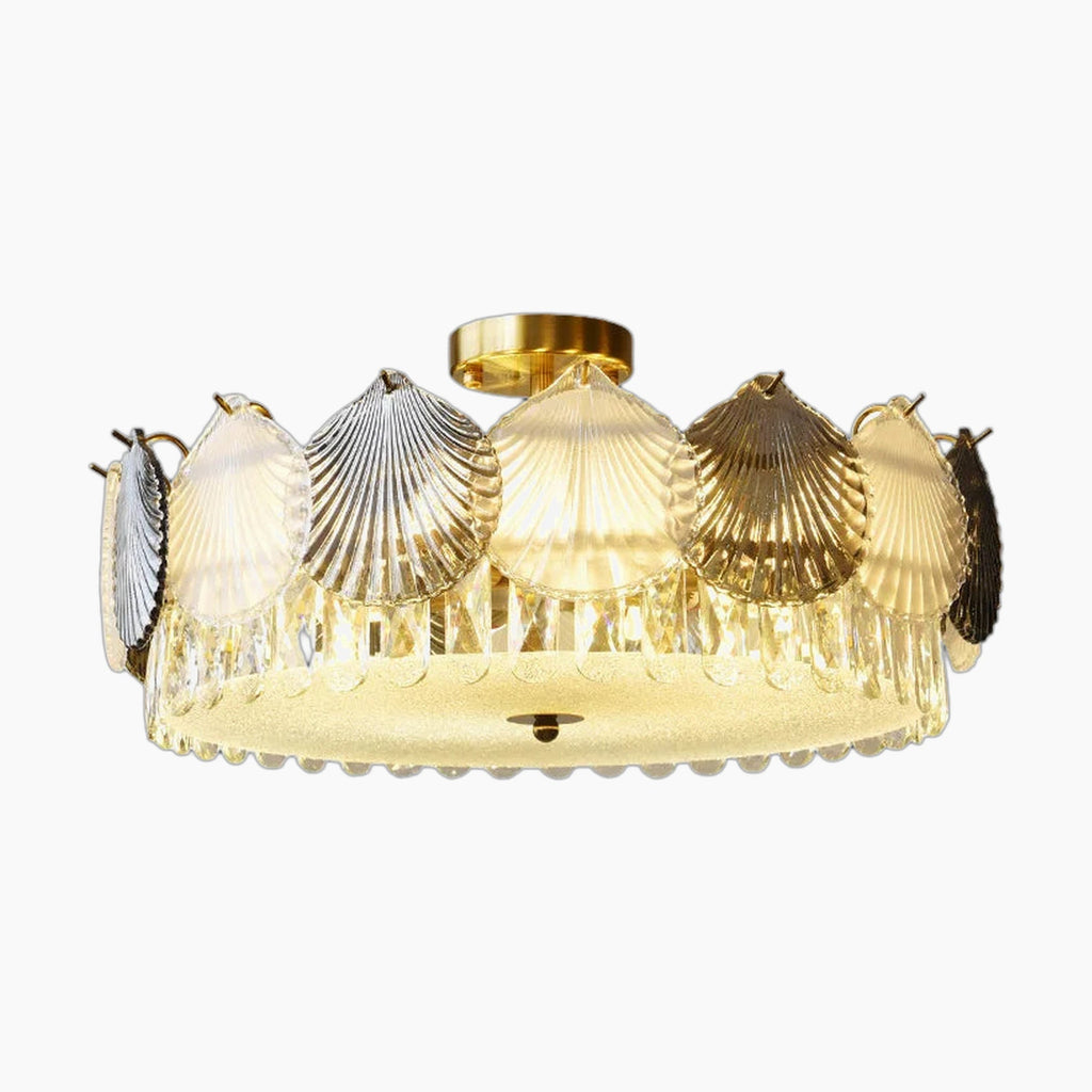 Ornate French modern chandelier with LED lights, gold base, and gold-trimmed shell accents.