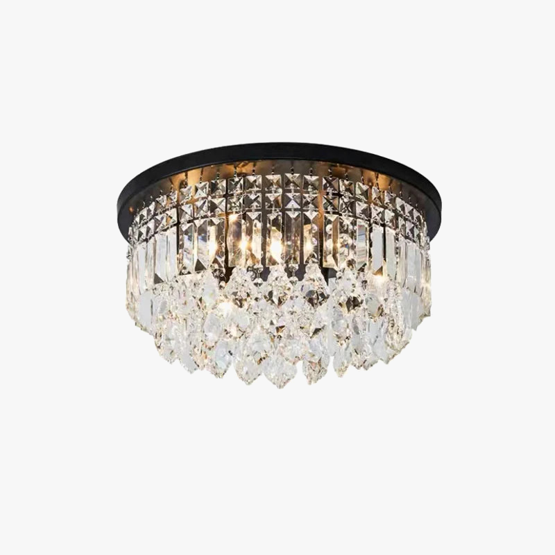 Round flush-mount chandelier with dark metal base, layered crystal prisms, and adjustable LED lights.