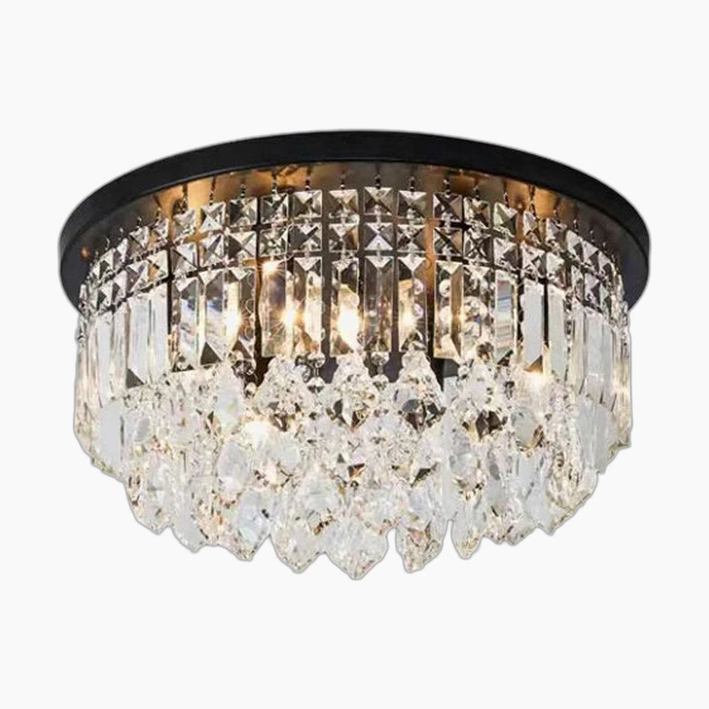 Round flush-mount chandelier with dark base and rows of clear prisms for a sparkling look.